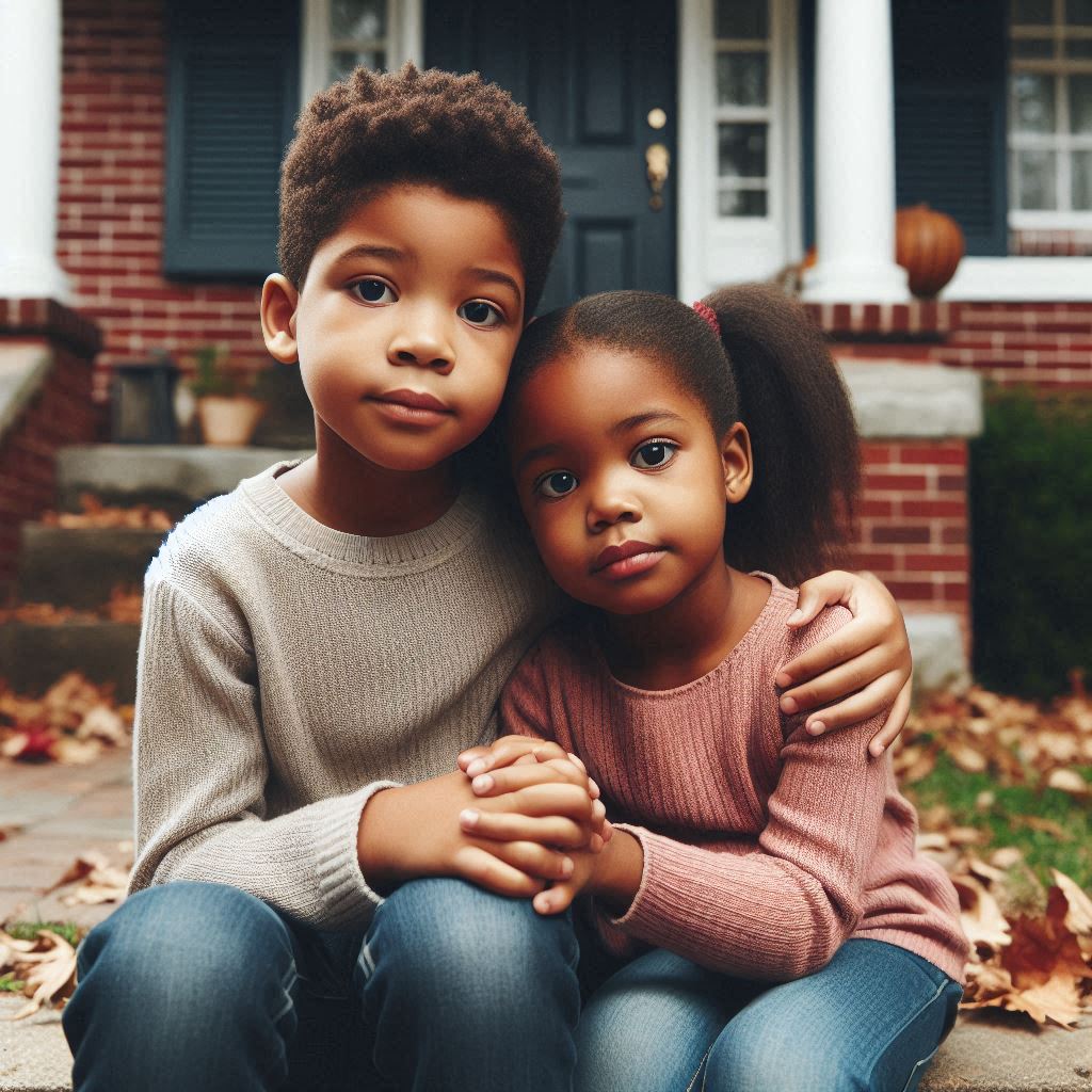 A close-up of two siblings, a young boy and girl, sitting on the front steps of their home, holding each other with solemn expressions. The home, a modest brick house with fall leaves scattered around, represents the safety and memories their late mother’s final expense insurance helped preserve.
